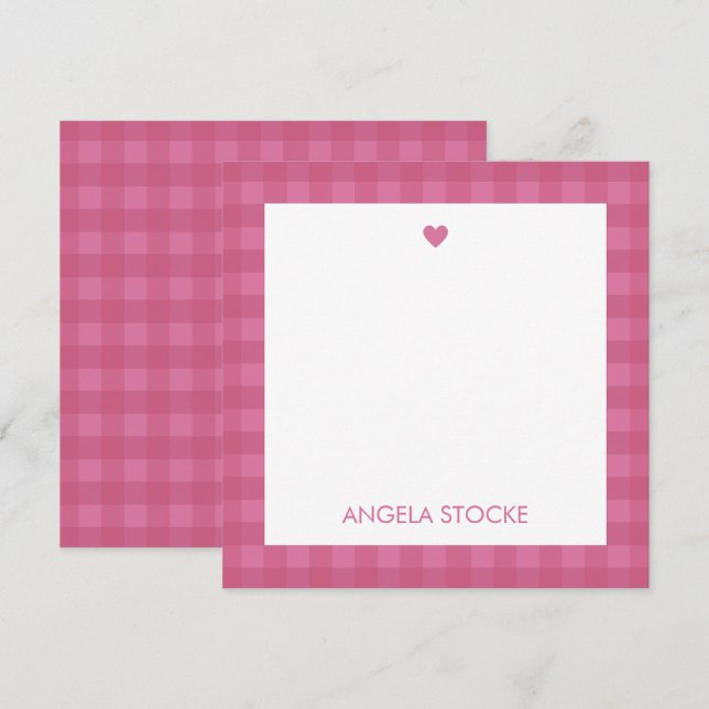 Cartão De Notas Personalized Pink Gingham Note Card (Frente/Verso)
