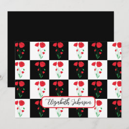Cartão De Notas Personalized Poppy Checkerboard Floral Note Card