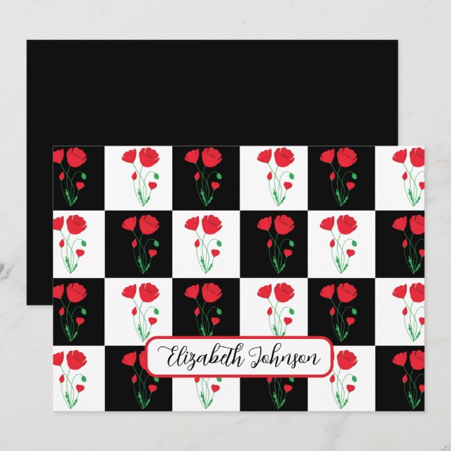 Cartão De Notas Personalized Poppy Checkerboard Floral Note Card (Frente/Verso)