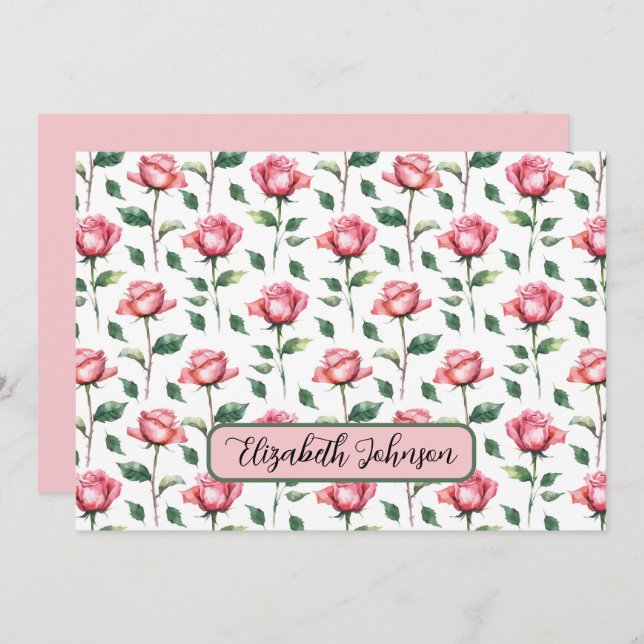Cartão De Notas Personalized Rose Floral Botanical Note Card (Frente/Verso)