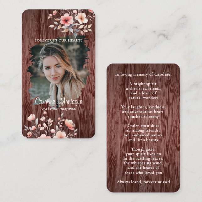 Cartão De Notas Personalized Rustic Floral Photo Memorial Card (Frente/Verso)