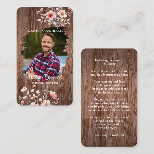 Cartão De Notas Personalized Rustic Floral Photo Memorial Card (Frente/Verso)
