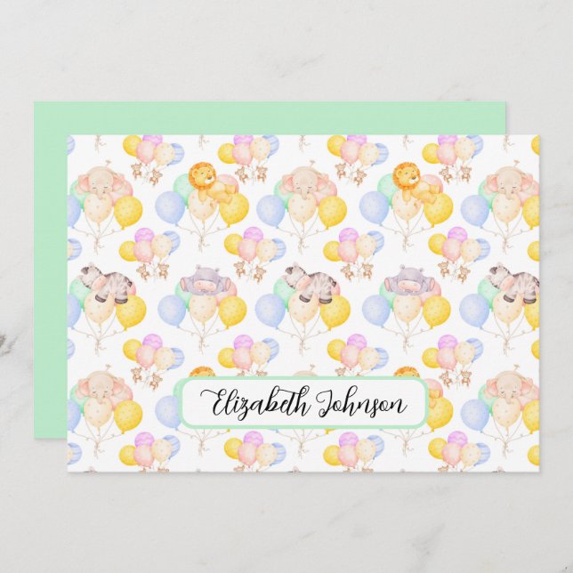 Cartão De Notas Personalized Safari Animals Baby Shower Note Card (Frente/Verso)