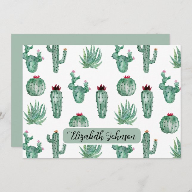 Cartão De Notas Personalized Southwest Cactus Botanical Note Card (Frente/Verso)
