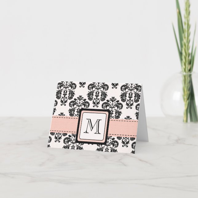Cartão De Notas Pink and Black Damask Monogrammed Note Cards (Frente)