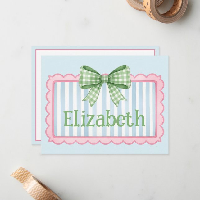 Cartão De Notas Pink and Blue Frame With Green Gingham Bow (Frente/Verso In Situ)
