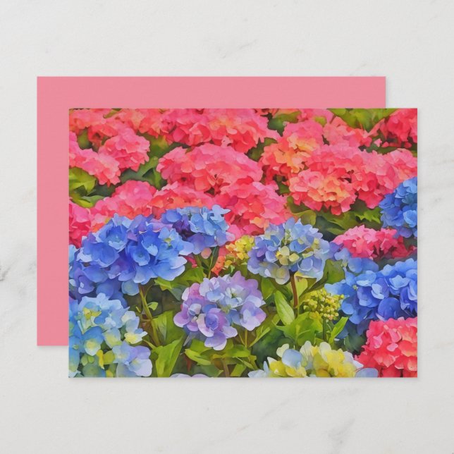Cartão De Notas Pink and Blue Hydrangea Flowers Note Card Set (Frente/Verso)