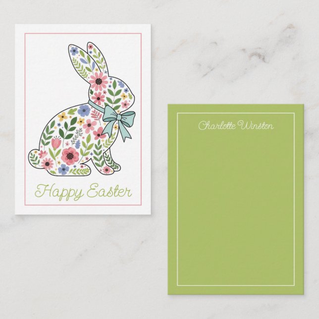 Cartão De Notas Pink and Blue Wildflower Easter Rabbit (Frente/Verso)