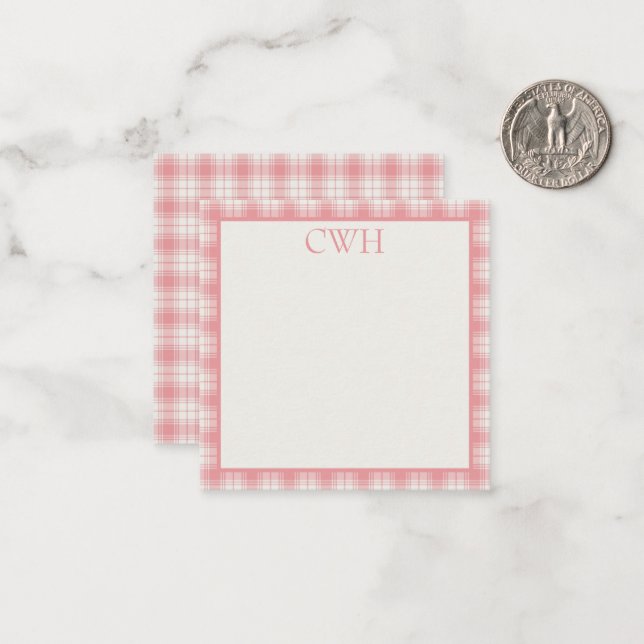 Cartão De Notas Pink and Cream Gingham Plaid Tartan Monogram (Frente/Verso In Situ)