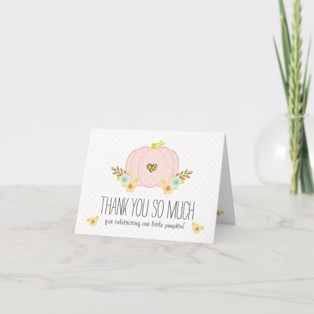 Cartão De Notas Pink and Gold Pumpkin Baby Shower Thank You Cards (Frente)