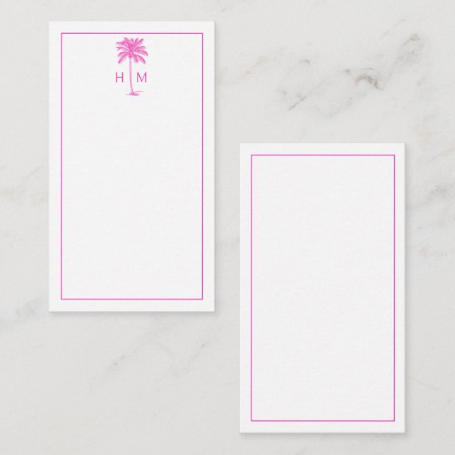 Cartão De Notas Pink and White Palm Palmetto Tree Monogram (Frente/Verso)
