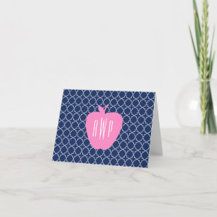 Cartão De Notas Pink Apple Navy Quatrefoil Monogram Teacher