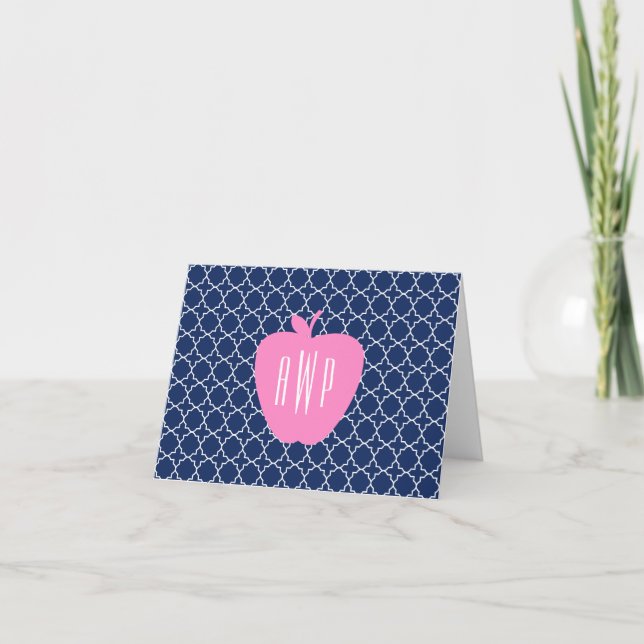 Cartão De Notas Pink Apple Navy Quatrefoil Monogram Teacher (Frente)