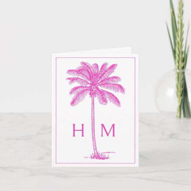Cartão De Notas Pink Coastal Palmetto Palm Monogram (Frente)