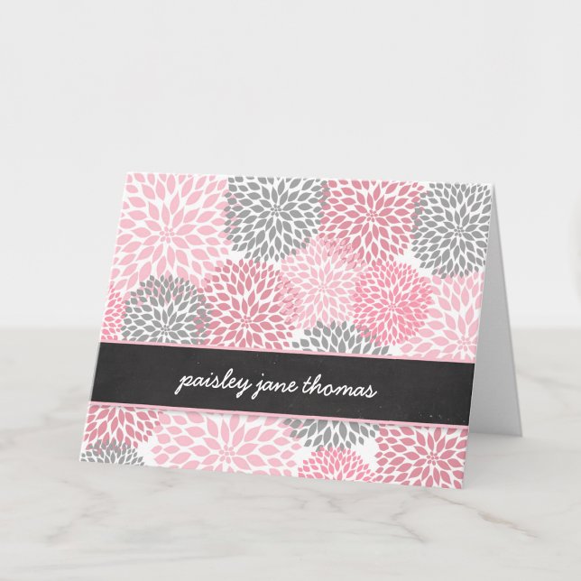 Cartão De Notas pink dahlias chalkboard thank you notes name (Criador carregado)
