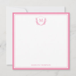 Cartão De Notas Pink Double Border Floral Crest Monograma Sque