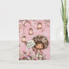 Cartão De Notas Pink Girl Holding Happy Easter Sign Lanterns Flowe