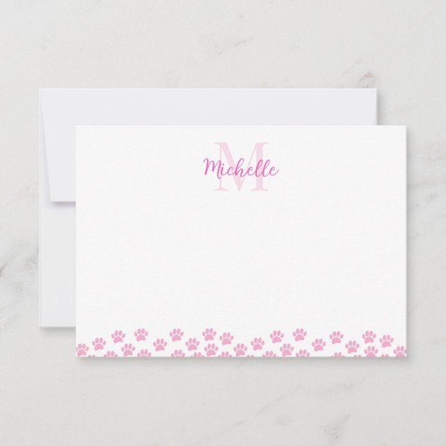 Cartão De Notas Pink Pet Paw Prints Custom Monogram Cute  (Frente)