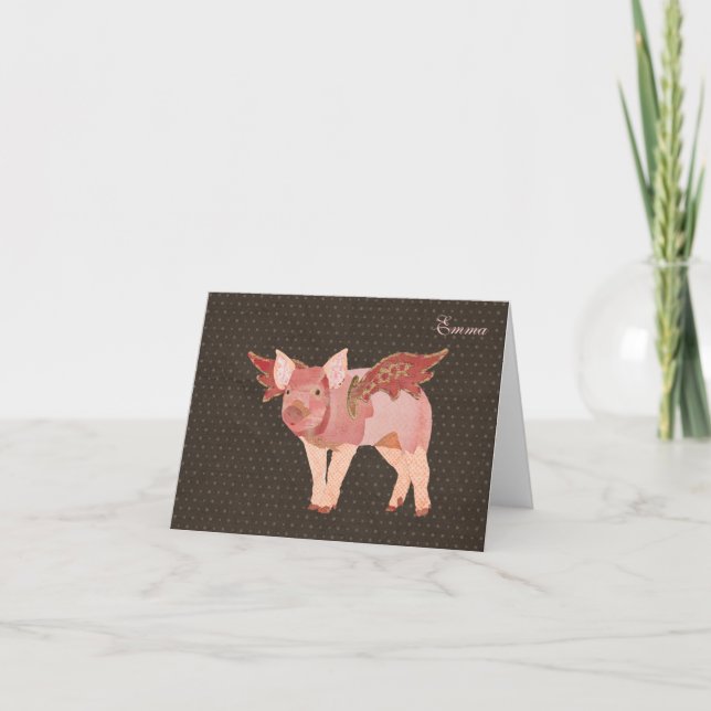 Cartão De Notas Pink Pigs Fly Polkadot Personalized Notecard (Frente)