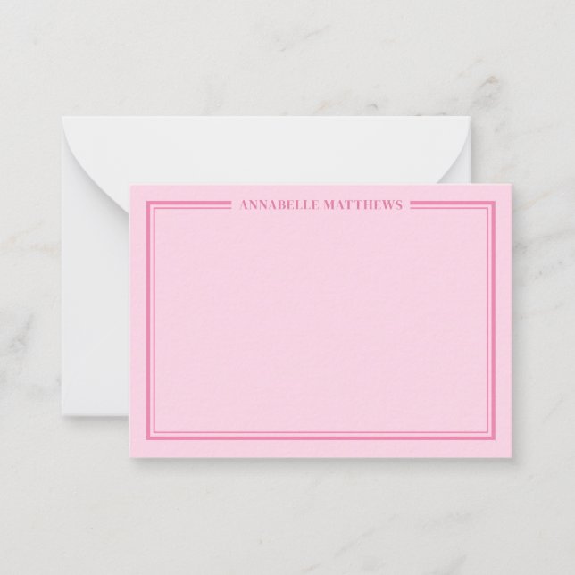 Cartão De Notas Pink Two Border Minimalist Name Monogram (Frente)