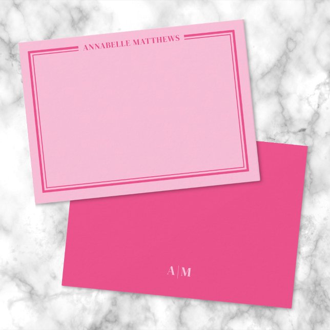 Cartão De Notas Pink Two Border Minimalist Name Monogram (Pink Two Border Minimalist Name Monogram Note Card)