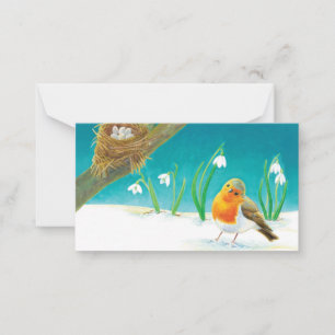 Cartão De Notas Pisco-rouxo (Erithacus rubecula) & Flor de Neve