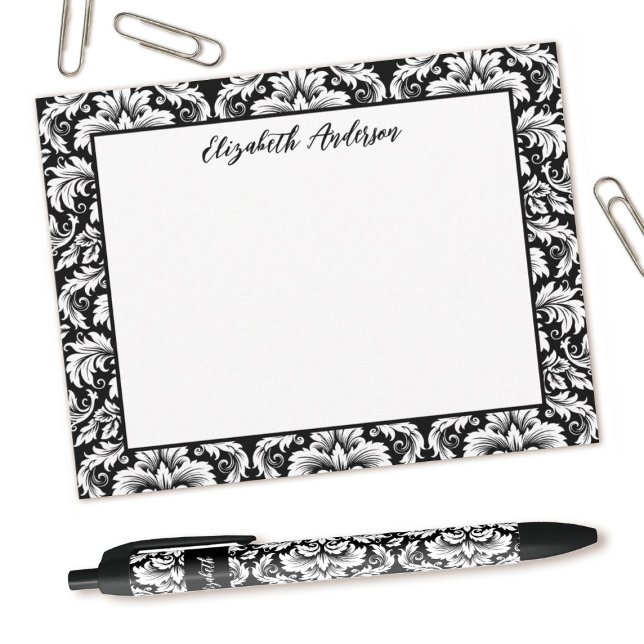 Cartão De Notas Placa de Nota de Damasco Branco Preto Elegante (Elegant black and white damask notecard, Personalize it with your name.)