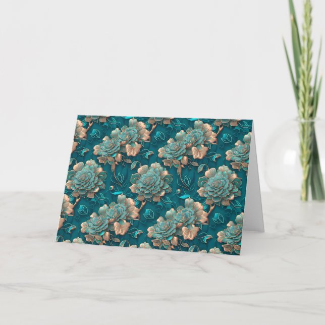 Cartão De Notas Placa de Nota Dobrada Moderna, Chic Floral Teal e  (Frente)