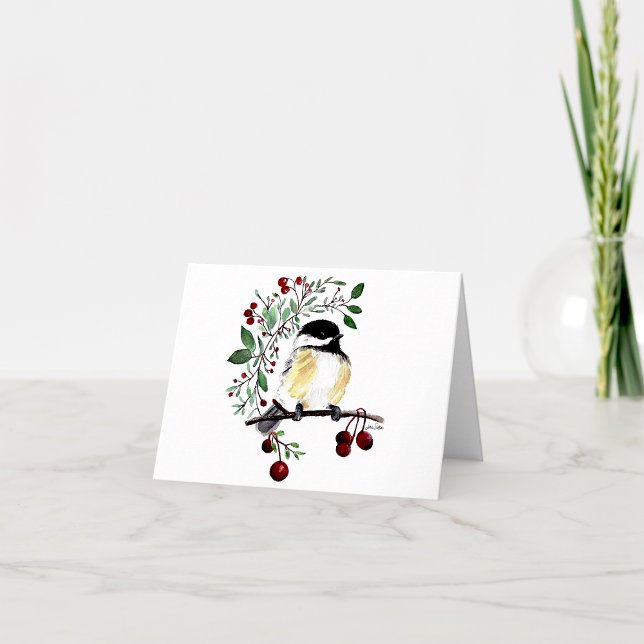 Cartão De Notas Placa de Nota Encantadora de Aquarelas de Chickade (Cute chickadee watercolor with greenery and berries from Jenn Steffen Art)