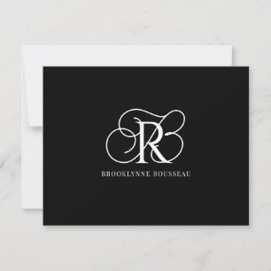 Cartão De Notas Placa de Nota Plana Preta Monograma Branco Elegant