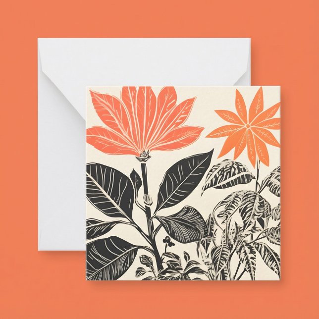 Cartão De Notas Placa plana com efeito de madeira (Woodcut effect house plants flat card.)