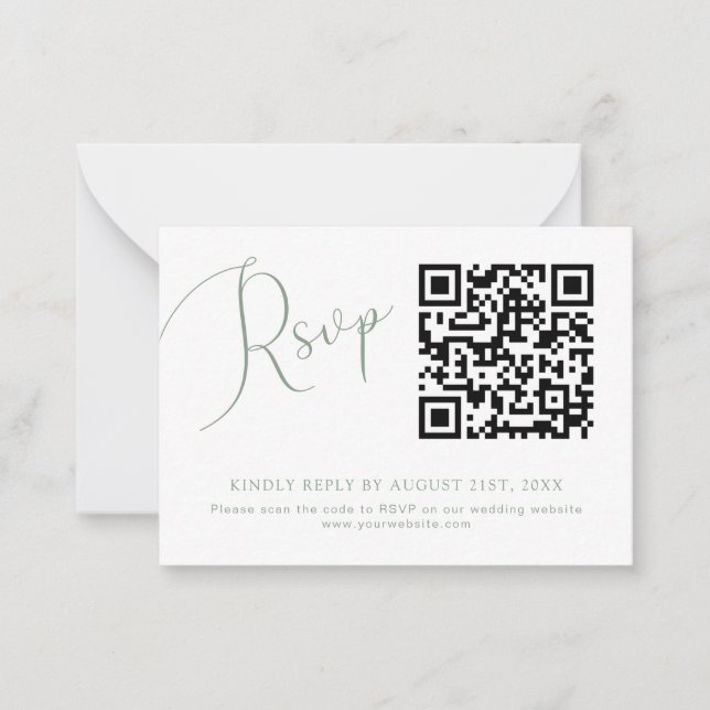 Cartão De Notas Placa RSVP de Casamento de Código QR Verde Sage (Frente)