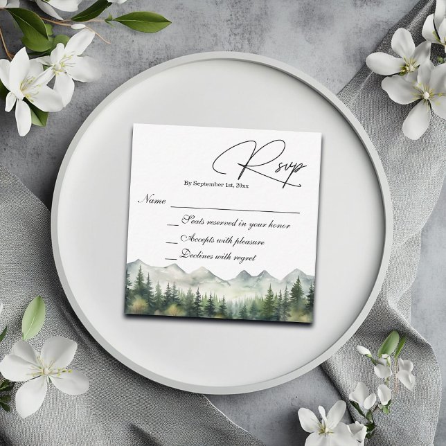 Cartão De Notas Placa RSVP de Casamento de Montanhas e Pines (Criador carregado)