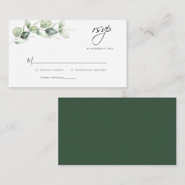 Cartão De Notas Placa RSVP de Casamento de Script de Folhagem Euca (Frente/Verso)