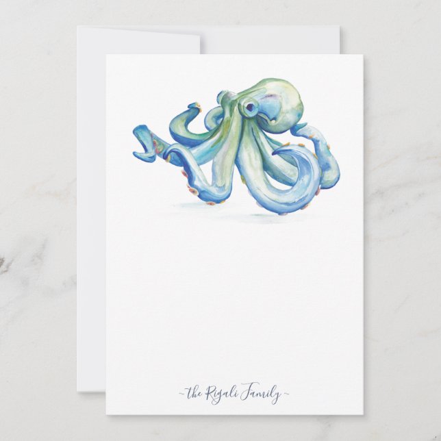 Cartão De Notas Placas De Nota De Octopus Azul De Aquarela Com Env (Frente)