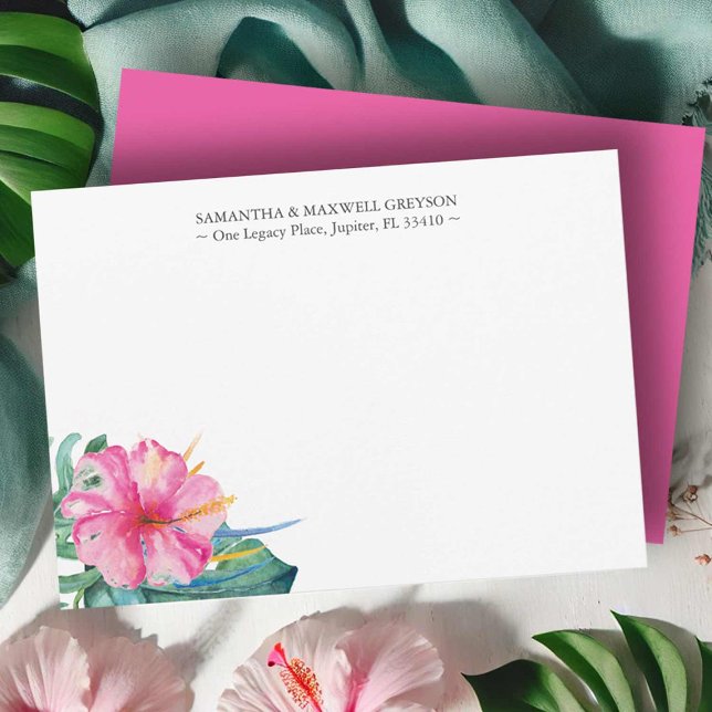 Cartão De Notas Placas de Nota Personalizadas com Forma Fluvial (Wedding note cards feature watercolor tropical pink hibiscus flower art by Victoria Grigaliunas)
