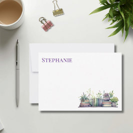 Cartão De Notas Planta e Livro em Aquarela Roxo e Verde