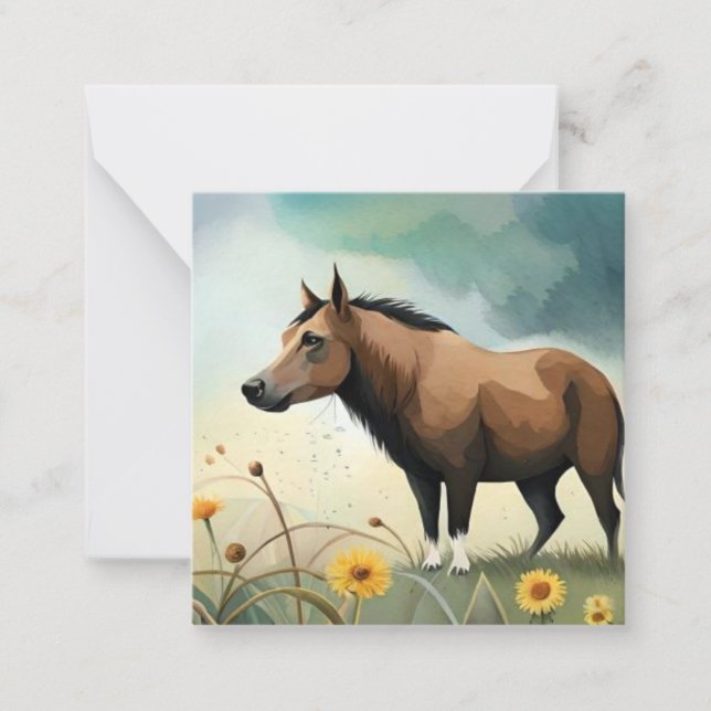 Cartão De Notas Pônea castanho-branca no campo floral (Frente)