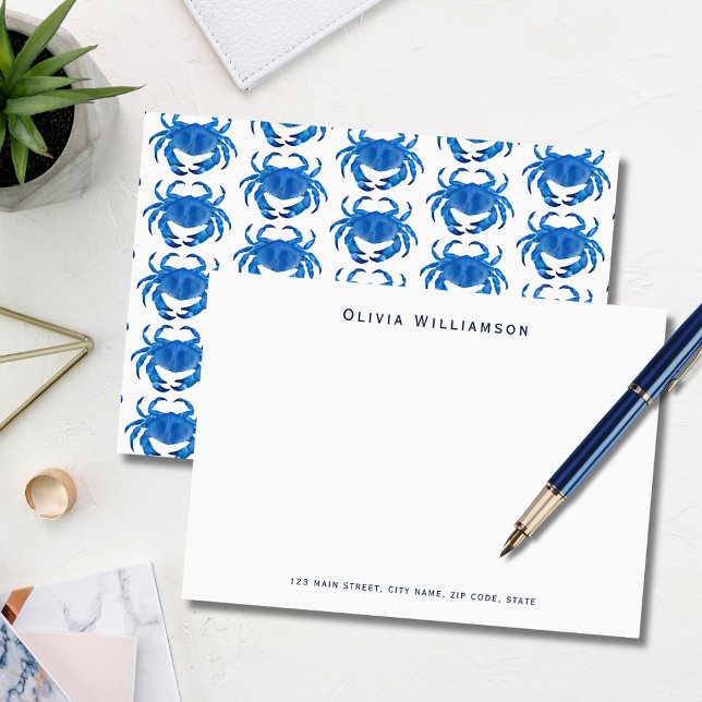 Cartão De Notas Praia Costeira do Caranguejo Azul (Blue coastal crab, crustacean illustrated notecard. Personalize with your name & address details.)