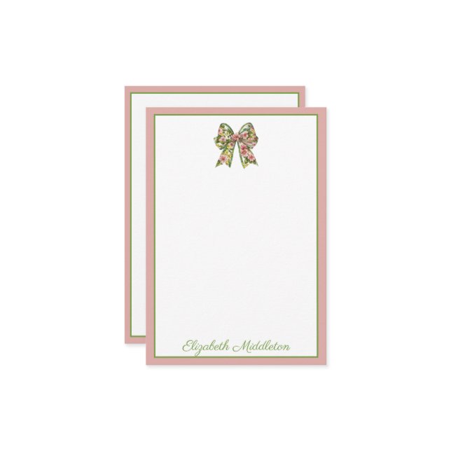 Cartão De Notas Preppy Floral Pink and Green Bow Personalized (Frente/Verso In Situ)