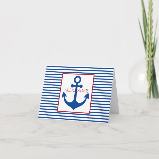 Cartão De Notas Preppy Nautical Stripes and Anchor Personalized (Frente)