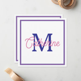 Cartão De Notas Preppy Pink and Navy Blue Simple Monogram