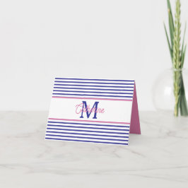 Cartão De Notas Preppy Pink and Navy Blue Stripe Simple Monogram