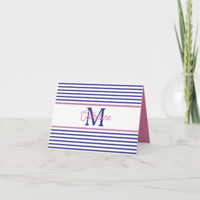 Cartão De Notas Preppy Pink and Navy Blue Stripe Simple Monogram (Frente)