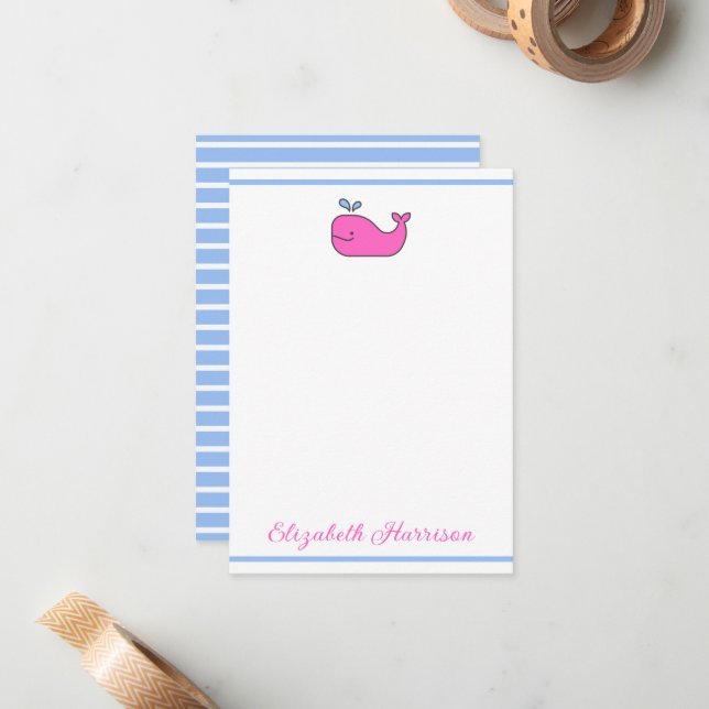 Cartão De Notas Preppy Pink Blue e White Whale Personalizados (Frente/Verso In Situ)