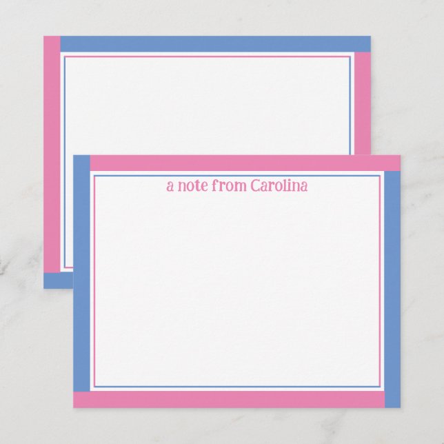 Cartão De Notas Preppy Pink & Cornflower Blue Name Stationery (Frente/Verso)