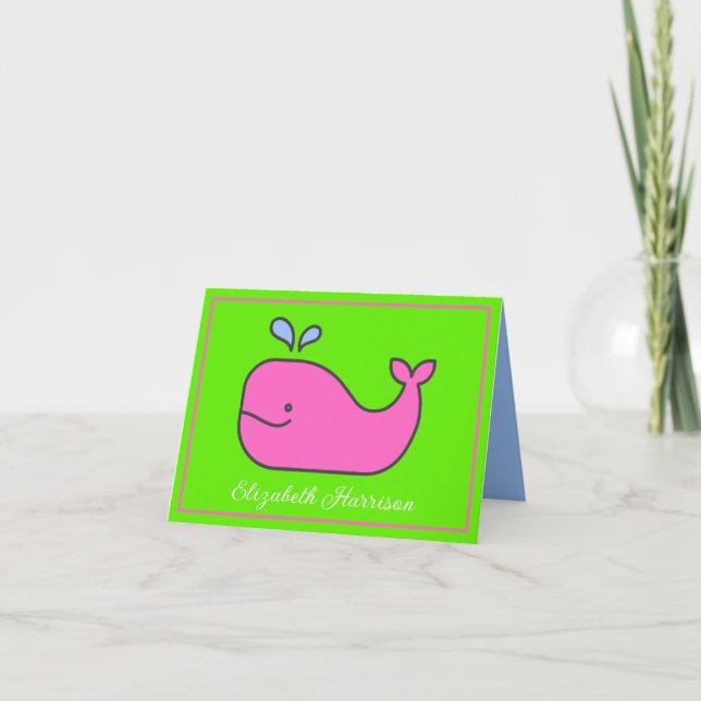 Cartão De Notas Preppy Pink e Green Whale Personalizados (Frente)