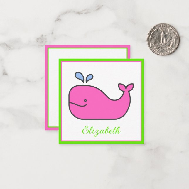 Cartão De Notas Preppy Pink e Green Whale Personalizados (Frente/Verso In Situ)