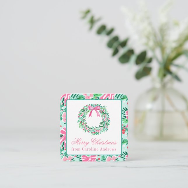 Cartão De Notas Preppy Pink & Green Christmas Wreath Enclosure (Em pé/Frente)