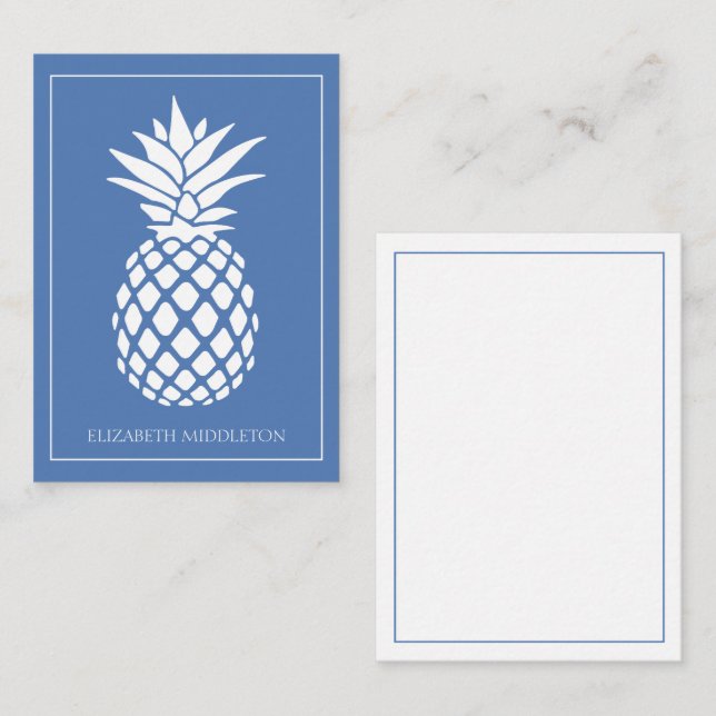 Cartão De Notas Preppy White Pineapple on Blue (Frente/Verso)